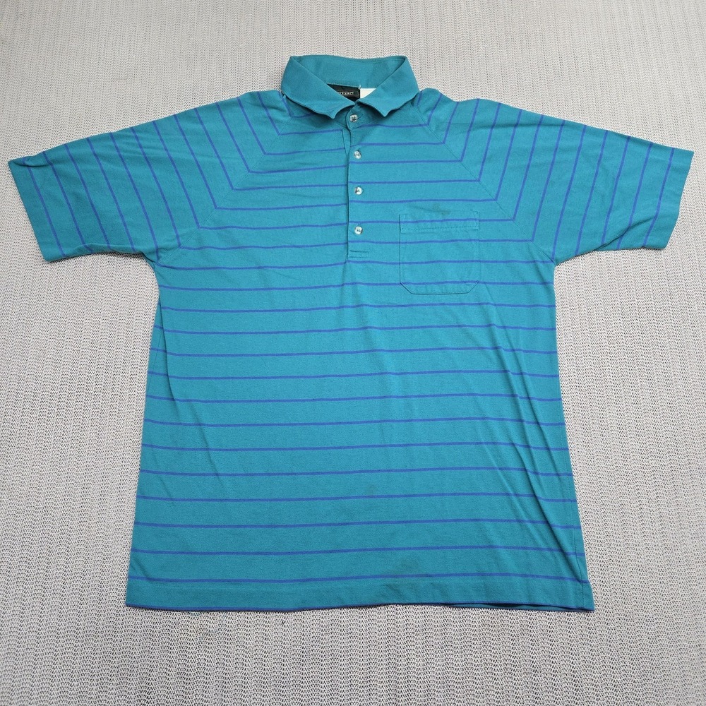 Vintage Jantzen Polo Shirt Mens Large Blue Striped Short Sleeve Classic Golf 80s